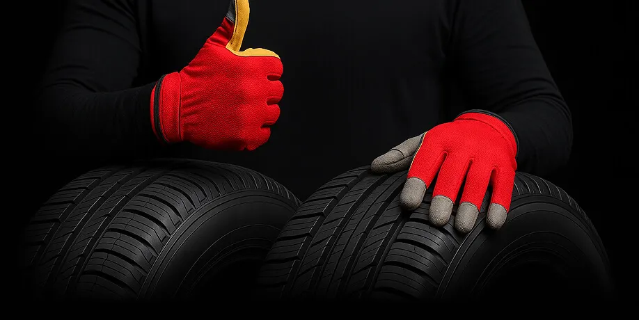 Person in red gloves giving thumbs up while working on a tire.