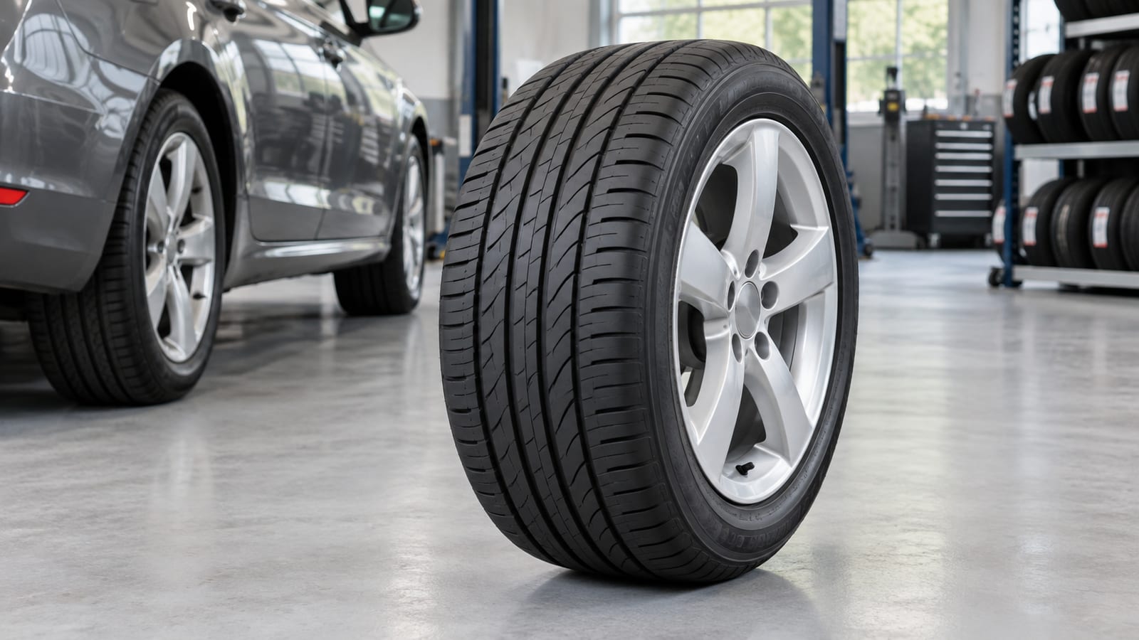 A new tyre and alloy wheel in a bright fitting workshop